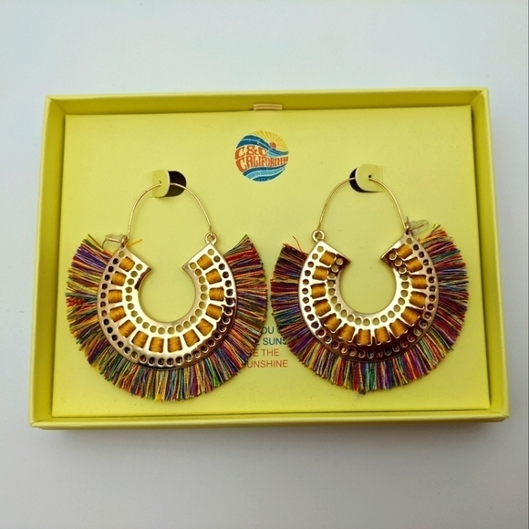 Gold Rainbow Fringe Hoop Earrings Boho - Picture 2 of 5